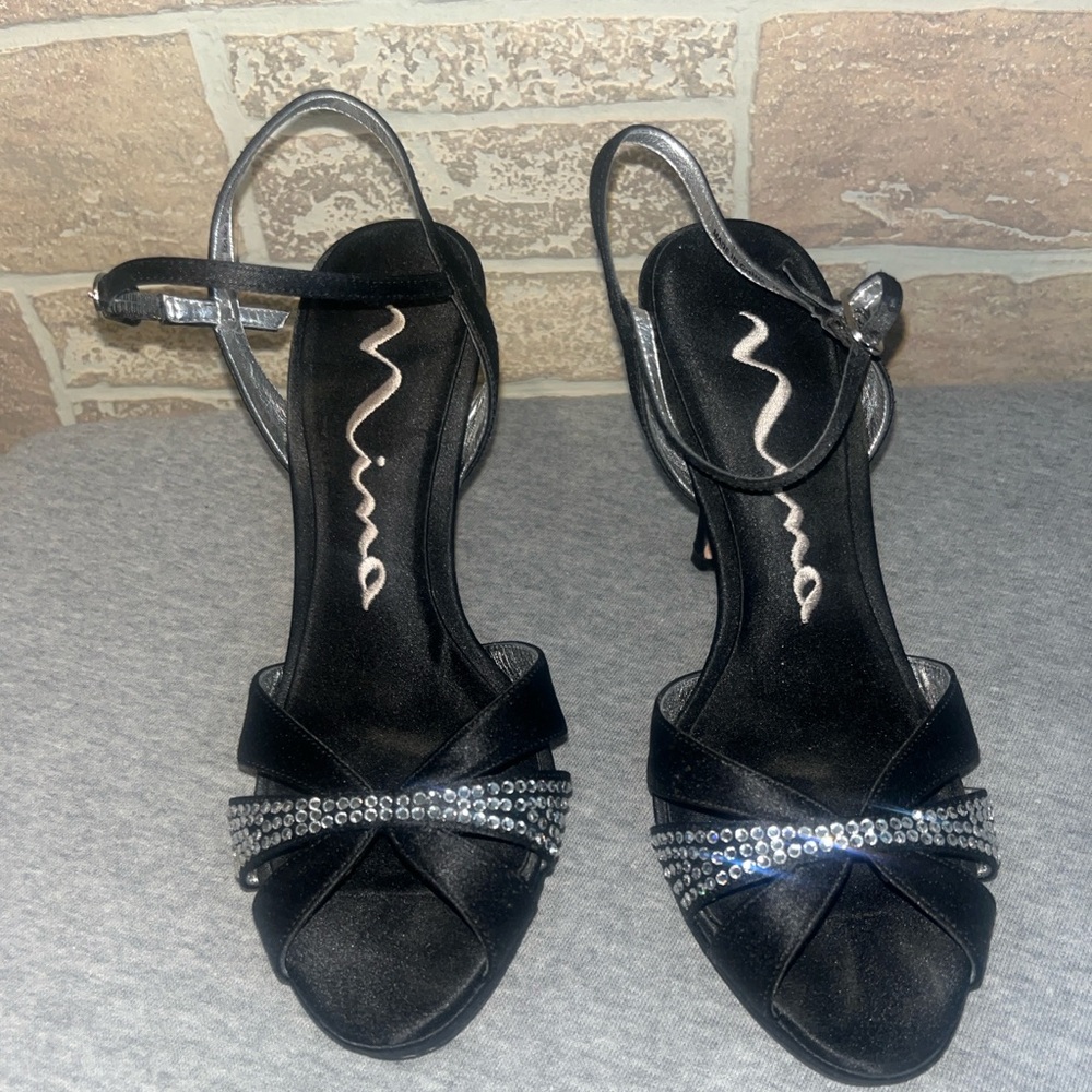 Nina Black Satin Crystal Evening Sandals size 7.5M